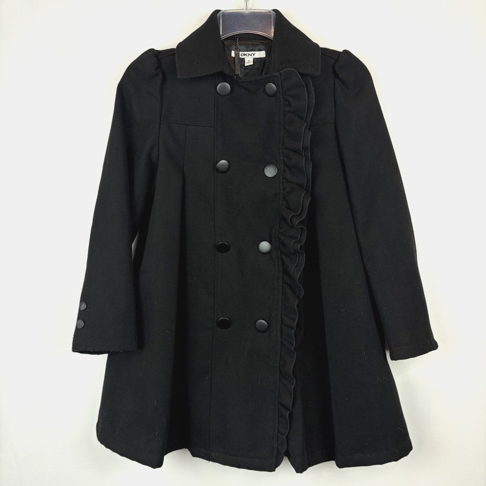 DKNY Coat Girls Medium Double Breasted Ruffle Black Dress Holiday